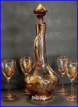 Vintage Art Glass Decanter Set with Gold Floral Etching, 5-Piece Ensemble