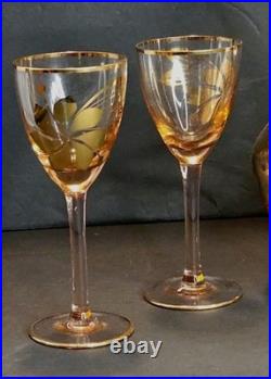 Vintage Art Glass Decanter Set with Gold Floral Etching, 5-Piece Ensemble