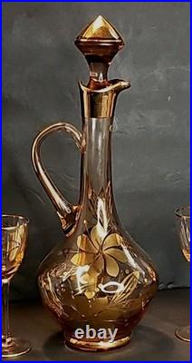 Vintage Art Glass Decanter Set with Gold Floral Etching, 5-Piece Ensemble