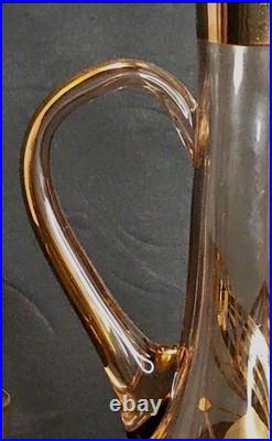 Vintage Art Glass Decanter Set with Gold Floral Etching, 5-Piece Ensemble