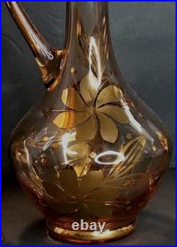Vintage Art Glass Decanter Set with Gold Floral Etching, 5-Piece Ensemble