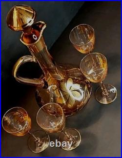 Vintage Art Glass Decanter Set with Gold Floral Etching, 5-Piece Ensemble