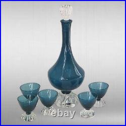 Vintage Aseda Blown Glass Teal Blue Decanter & 5 Cordials Set Made in Sweden