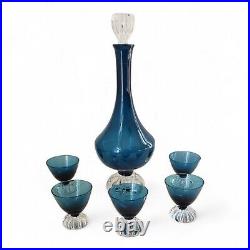 Vintage Aseda Blown Glass Teal Blue Decanter & 5 Cordials Set Made in Sweden