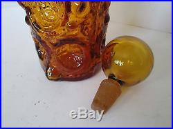 Vintage BLENKO ART GLASS DECANTER Amber Gold Bubble Texture Ball Stopper Retro