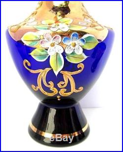 Vintage BOHEMIAN Moser Style COBALT BLUE Enamel Flower Decanter & 6 Glass SET