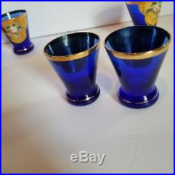 Vintage BOHEMIAN Moser Style COBALT BLUE Enamel Flower Decanter & 6 Glass SET