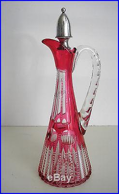 Vintage Baccarat Cranberry Cased Cut Clear Crystal Decanter Sterling Silver Top
