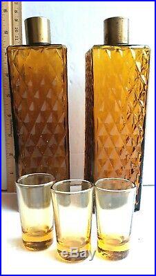 Vintage Bar Caddy Ice Bucket 2 Amber Glass Diamond Decanters & Shot Glasses Set