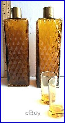 Vintage Bar Caddy Ice Bucket 2 Amber Glass Diamond Decanters & Shot Glasses Set