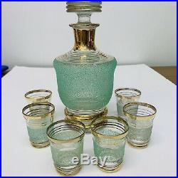 Vintage Bar Decanter Set 6 Shot Glasses Frosted Textured Green Glass Gold Trim