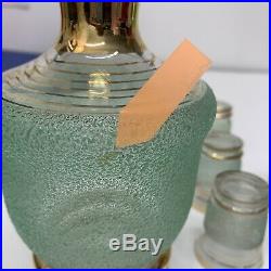 Vintage Bar Decanter Set 6 Shot Glasses Frosted Textured Green Glass Gold Trim