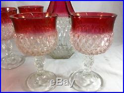 Vintage Bar Set Decanter 6 Wine Glasses Cranberry Red Clear Cut Crystal Glass