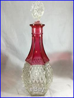 Vintage Bar Set Decanter 6 Wine Glasses Cranberry Red Clear Cut Crystal Glass