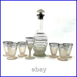 Vintage Barware Decanter Clear & Frosted Glass with Silver Stripes 8 Piece Set