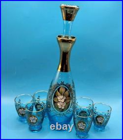 Vintage Beautiful Blue Enamel Floral Decanter Set 7pc Bohemian Murano Gold Gilt