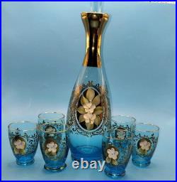 Vintage Beautiful Blue Enamel Floral Decanter Set 7pc Bohemian Murano Gold Gilt