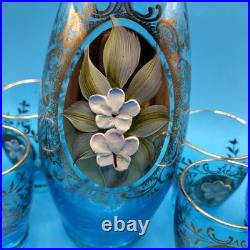 Vintage Beautiful Blue Enamel Floral Decanter Set 7pc Bohemian Murano Gold Gilt