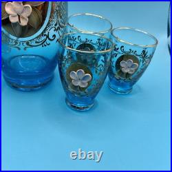 Vintage Beautiful Blue Enamel Floral Decanter Set 7pc Bohemian Murano Gold Gilt