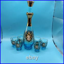 Vintage Beautiful Blue Enamel Floral Decanter Set 7pc Bohemian Murano Gold Gilt