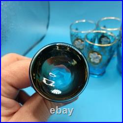 Vintage Beautiful Blue Enamel Floral Decanter Set 7pc Bohemian Murano Gold Gilt