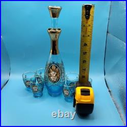 Vintage Beautiful Blue Enamel Floral Decanter Set 7pc Bohemian Murano Gold Gilt