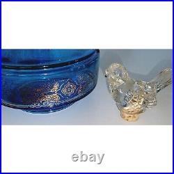Vintage Belgium Decanter 1940s Caribbean Blue Glass With Heavy Glass Bird Cork S