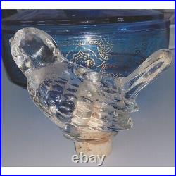 Vintage Belgium Decanter 1940s Caribbean Blue Glass With Heavy Glass Bird Cork S