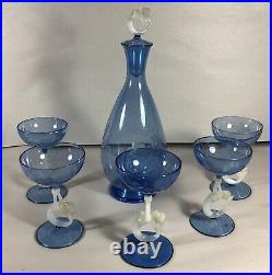 Vintage Bimini Blue Etched Glass Mermaid Decanter & 5 Stemmed Glasses Wow