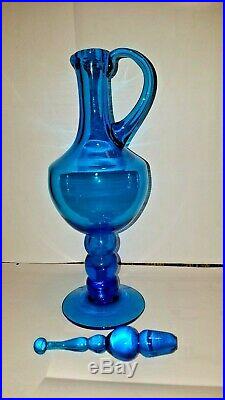 Vintage Bischoff Glass Bubble Stem & Stopper Footed Decanter Ewer Turquoise Blue