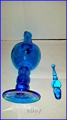 Vintage Bischoff Glass Bubble Stem & Stopper Footed Decanter Ewer Turquoise Blue