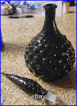 Vintage Black Empoli Bubble Glass Decanter and Stopper MCM Measures 17 Tall