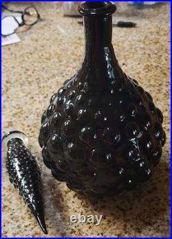 Vintage Black Empoli Bubble Glass Decanter and Stopper MCM Measures 17 Tall