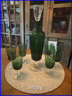 Vintage Blefeld & Co Emerald Green Decanter & 6 Wine Glass Set