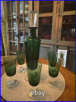 Vintage Blefeld & Co Emerald Green Decanter & 6 Wine Glass Set