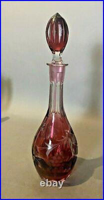 Vintage Bleikristall Hand Etched Cranberry Cutback Art Glass 13.5 Decanter