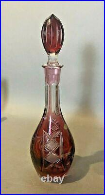 Vintage Bleikristall Hand Etched Cranberry Cutback Art Glass 13.5 Decanter