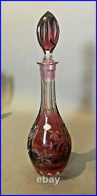 Vintage Bleikristall Hand Etched Cranberry Cutback Art Glass 13.5 Decanter