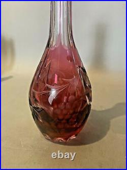 Vintage Bleikristall Hand Etched Cranberry Cutback Art Glass 13.5 Decanter