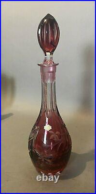 Vintage Bleikristall Hand Etched Cranberry Cutback Art Glass 13.5 Decanter