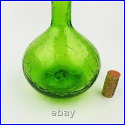 Vintage Blenko #37 Clover Green Crackle Glass Decanter Ruffle Flame Stopper 1964
