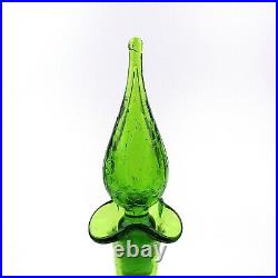 Vintage Blenko #37 Clover Green Crackle Glass Decanter Ruffle Flame Stopper 1964