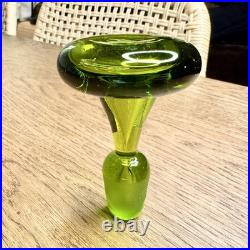 Vintage Blenko #49 Olive Kiwi Green Crackle Glass Pinched Decanter Stopper MCM