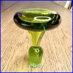 Vintage Blenko #49 Olive Kiwi Green Crackle Glass Pinched Decanter Stopper MCM