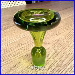 Vintage Blenko #49 Olive Kiwi Green Crackle Glass Pinched Decanter Stopper MCM