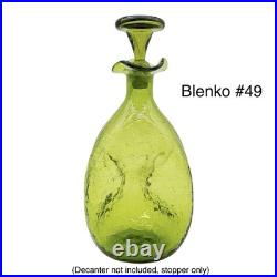 Vintage Blenko #49 Olive Kiwi Green Crackle Glass Pinched Decanter Stopper MCM