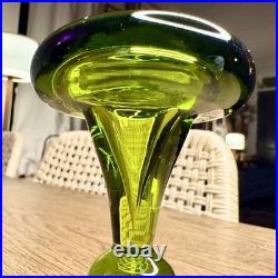 Vintage Blenko #49 Olive Kiwi Green Crackle Glass Pinched Decanter Stopper MCM