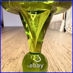 Vintage Blenko #49 Olive Kiwi Green Crackle Glass Pinched Decanter Stopper MCM