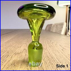 Vintage Blenko #49 Olive Kiwi Green Crackle Glass Pinched Decanter Stopper MCM