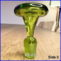 Vintage Blenko #49 Olive Kiwi Green Crackle Glass Pinched Decanter Stopper MCM